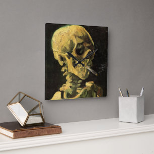 Totenkopf mit brennender Zigarette von Vincent van Quadratische Wanduhr