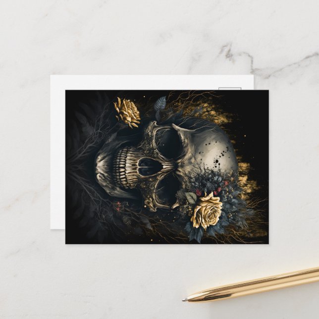 Totenkopf mit dekorativen Rosen Blumen Design Postkarte (Vorderseite/Rückseite Beispiel)