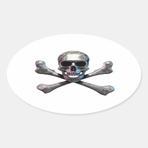 Totenkopf mit gekreuzter Knochen-Chrom Ovaler Aufkleber