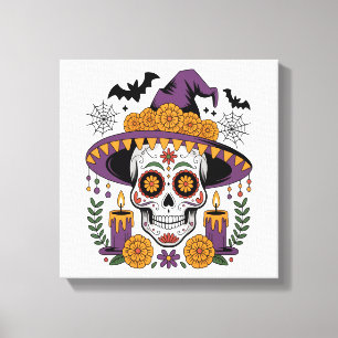 Totenkopf mit Hexenhut Halloween-Vektor Leinwanddruck