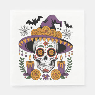 Totenkopf mit Hexenhut Halloween Vektor Serviette