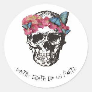 Totenkopf mit Hortensie und Schmetterlingen Runder Aufkleber