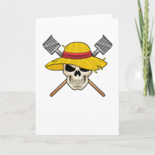Totenkopf mit Hut als Bauer mit Rechen Karte