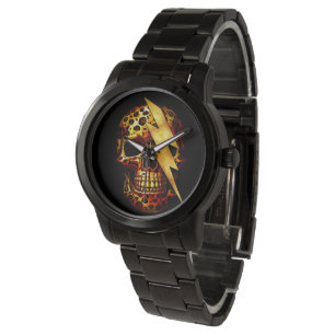 Totenkopf mit Leopardenmuster und Goldfunken Armbanduhr