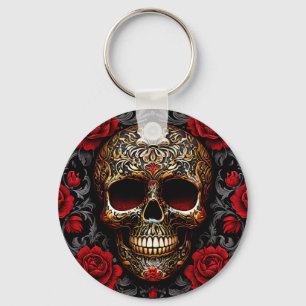 Totenkopf mit roten Rosen zum Día de los Muertos Schlüsselanhänger