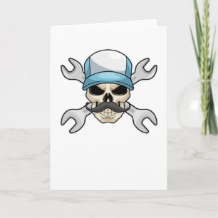 Totenkopf mit Schnurrbart und Schraubenschlüssel Karte