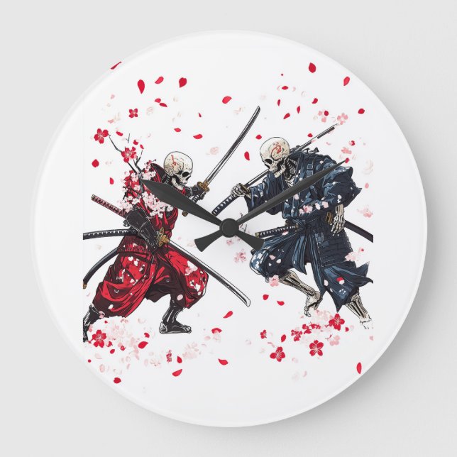 Totenkopf Samurai Duell Große Wanduhr (Vorderseite)