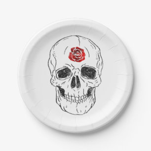 Totenkopf-Schädel-Knochen Schwarz & Rote Rose Glit Pappteller