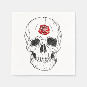 Totenkopf-Schädel-Knochen Schwarz & Rote Rose Glit Serviette