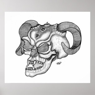Totenkopf Teufelschädel schwarz weiß Zeichnung Poster
