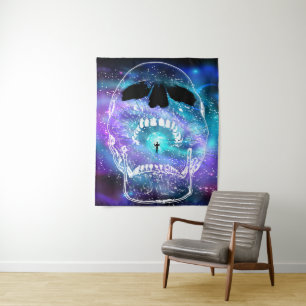 Totenkopf und Planet Erde - Menschliche Totenschäd Wandteppich