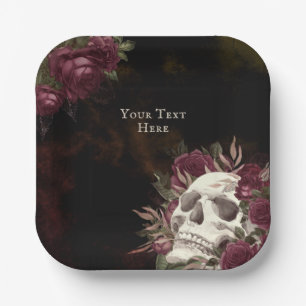 Totenkopf und Rosen Burgunder Schwarz Grunge Perso Pappteller