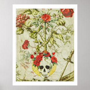 Totenkopf und Rosenstrauch Vintage Poster