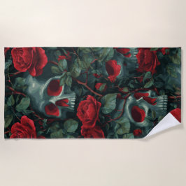 Totenkopf und rote Rosen Muster – dunkles florales Strandtuch