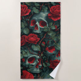 Totenkopf und rote Rosen Muster – dunkles florales Strandtuch