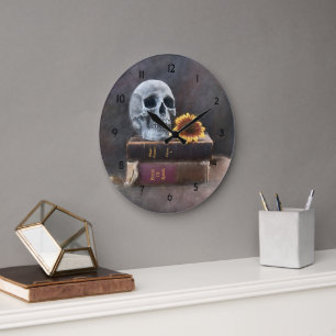 Totenkopf Vintage Alte Bücher Gelbe Sonnenblume Go Große Wanduhr