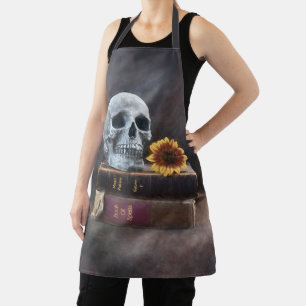 Totenkopf Vintage-Bücher Gelbe Sonnenblume Gothic Schürze