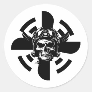 Totenkopfpilot & Flugzeugpropeller, Minimalistisch Runder Aufkleber