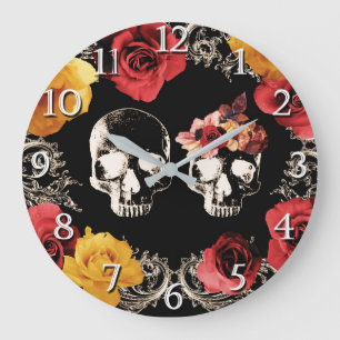 Totenmaske Schädel Rot Gelb Herbst Floral Große Wanduhr