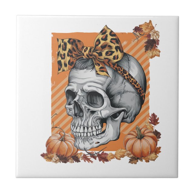 Totenschädel Herbst Bow Halloween Fliese (Vorderseite)