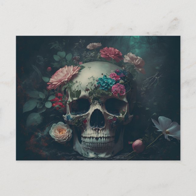 Totenschädel mit dekorativen Blumen Motiv Postkarte (Vorderseite)