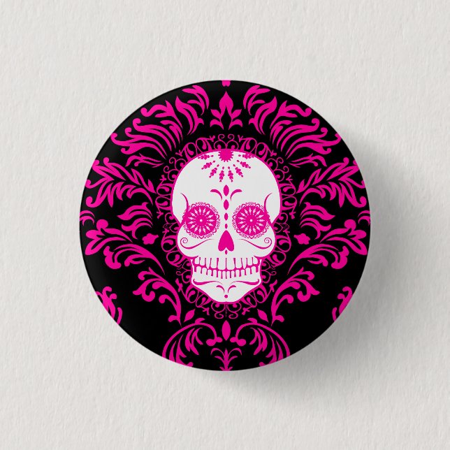 Toter Damast - Chic-Zuckerschädel-Knopf-Button Button (Vorderseite)