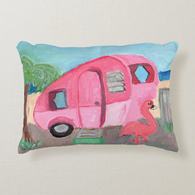 TotNiedlicher Pink Fifties Beach Trailer Dekokissen (Vorderseite)