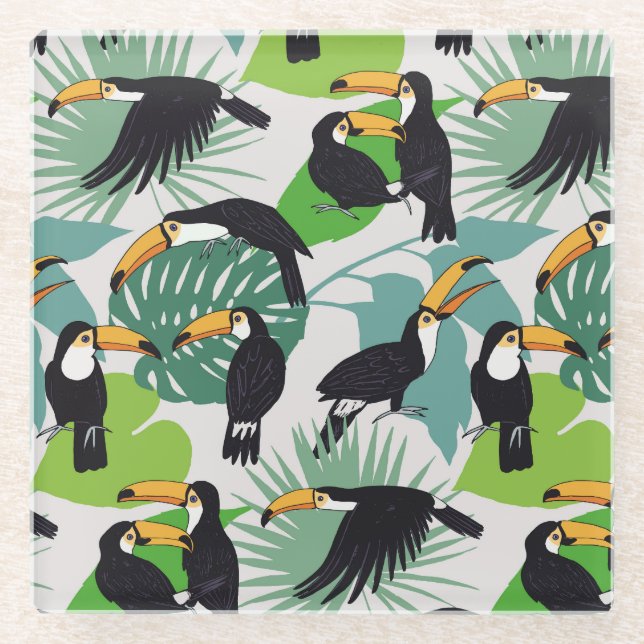 Toucan Bird: Palm Blätter Pattern Glasuntersetzer (Vorderseite)