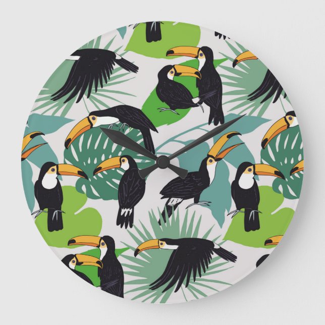 Toucan Bird: Palm Blätter Pattern Große Wanduhr (Vorderseite)