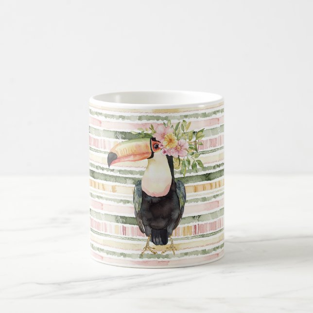 Toucan Bird Pink Green Stripes Kaffeetasse (Mittel)