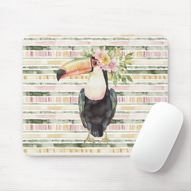 Toucan Bird Pink Green Stripes Mousepad (Mit Mouse)