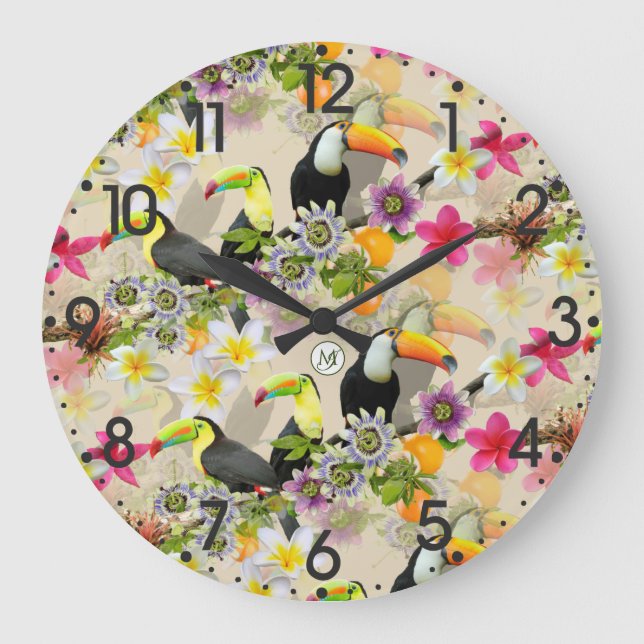 Toucan Birds, Passion Blume, Plumeria Tropical L Große Wanduhr (Vorderseite)