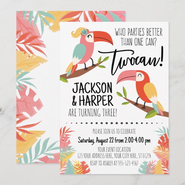 Toucan Birthday Einladung Geschwister Bruder Schwe (Vorne/Hinten)