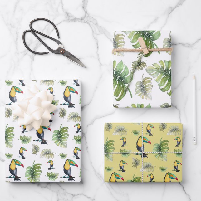 Toucan Exotic Monstera Aquarellbilder Geschenkpapier Set (Vorderseite)