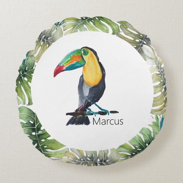 Toucan Exotic Watercolor Illustration Rundes Kissen (Vorderseite)