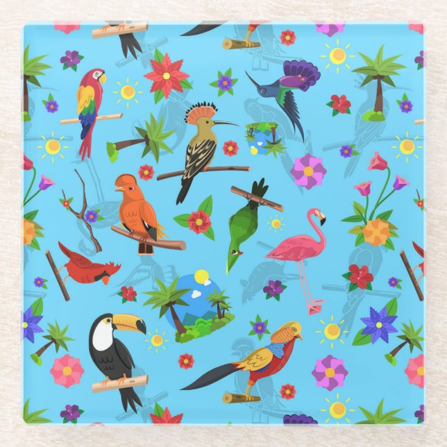 Toucan Flamingo und Arara nahtlose Vogelmuster Glasuntersetzer (Vorderseite)