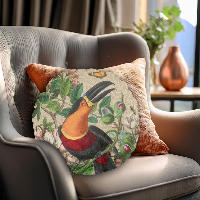 Toucan Jungle Tropical Bird Beautiful Antique Rundes Kissen (Von Creator hochgeladen)