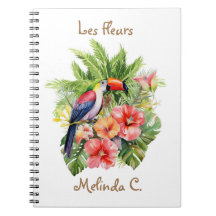 Toucan mit dem Notebook für tropische Blume