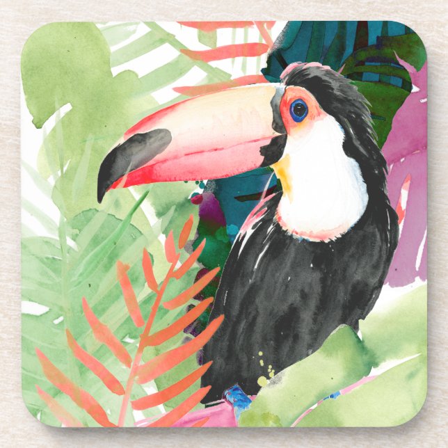 Toucan Portrait mit tropischen Blätter Getränkeuntersetzer (Vorderseite)