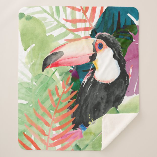 Toucan Portrait mit tropischen Blätter Sherpadecke (Vorderseite)