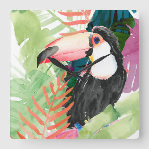 Toucan Portrait with Tropical Leaves Quadratische Wanduhr