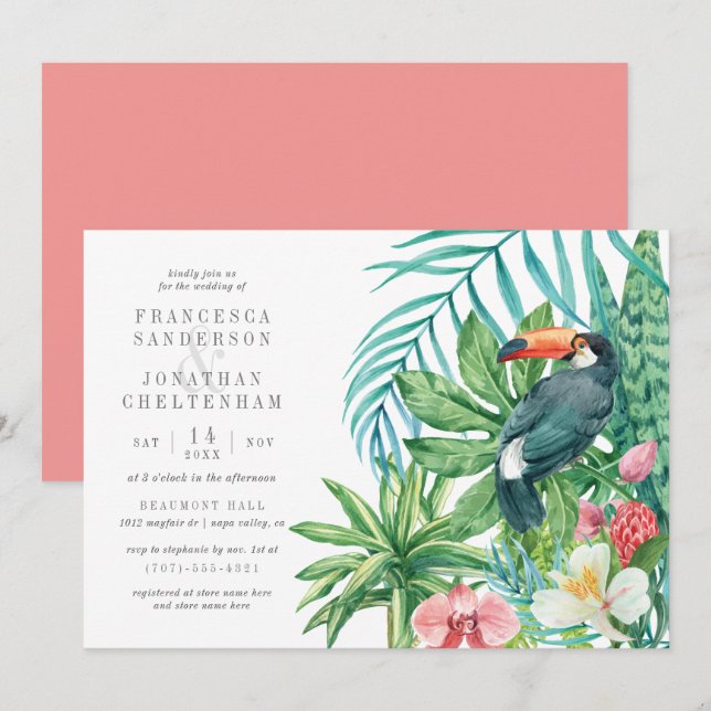 Toucan & Tropical Blätter | Moderne Sommerhochzeit Einladung (Vorne/Hinten)