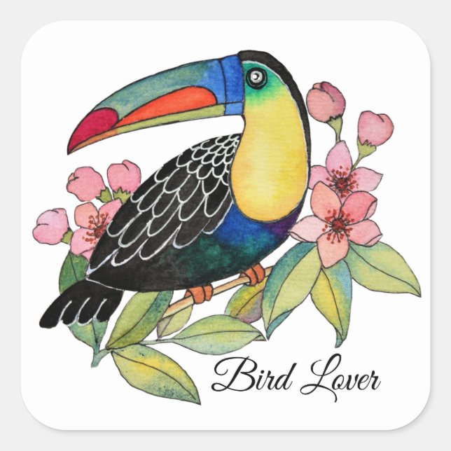 Toucan-Vogel mit Blume Quadratischer Aufkleber (Vorderseite)