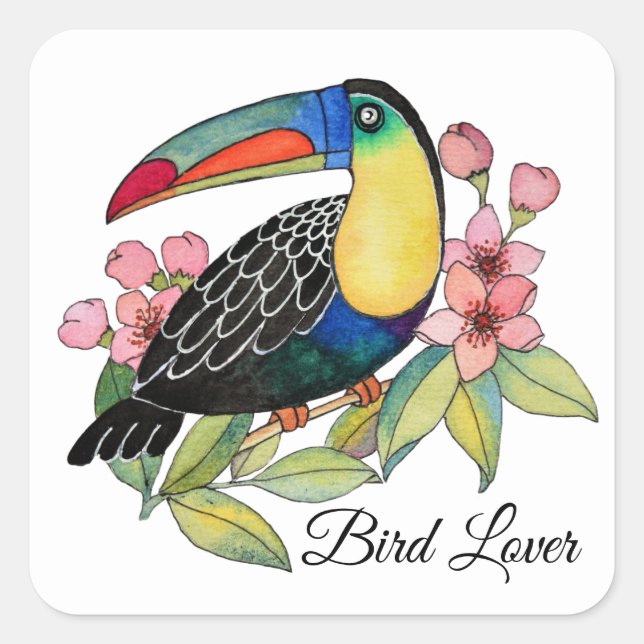 Toucan-Vogel mit Blume Quadratischer Aufkleber (Vorderseite)