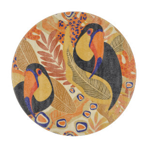 Toucans auf Ästen, nahtlos tropisches Muster. Schneidebrett