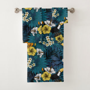 Toucans et flore tropicale, bleu, jaune, orange
