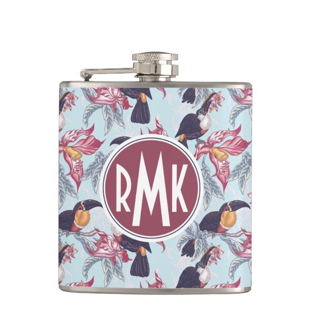 Toucans mit exotischem Monogramm der Blumen-| Flachmann (Vorderseite)