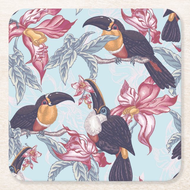 Toucans mit exotischen Blumen Rechteckiger Pappuntersetzer (Vorderseite)