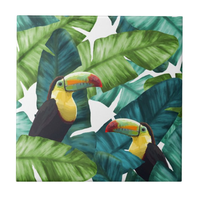 Toucans tropische Banane verlässt Muster Fliese (Vorderseite)