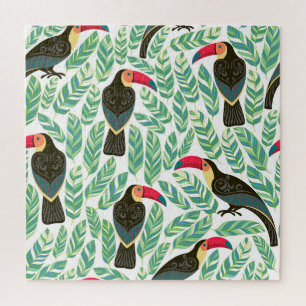 Toucans, tropische Blätter, dekorative Muster.